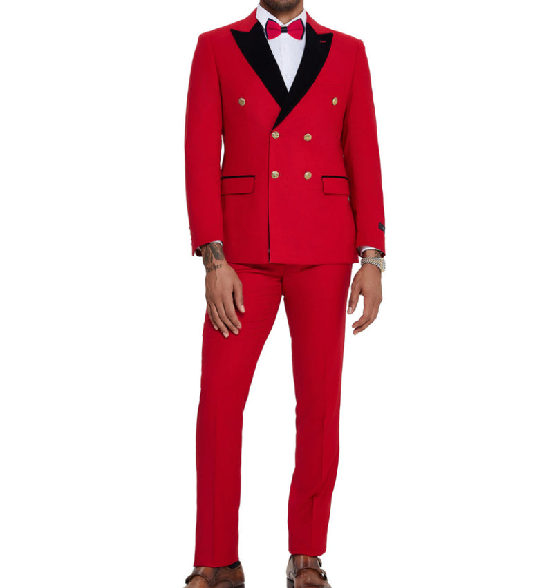 Men’s Double Breasted Solid Suit w/Velvet Lapel